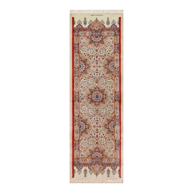 Nazmiyal Collection 1950s Fine Silk Pile Floral Vintage Persian Qum Short Runner Rug For Sale