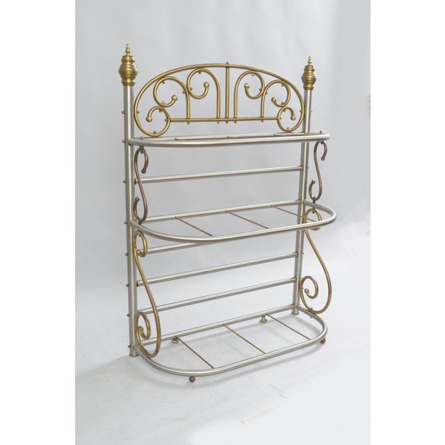 Vintage Small French Style Bakers Rack Scrolling Steel & Brass Glass