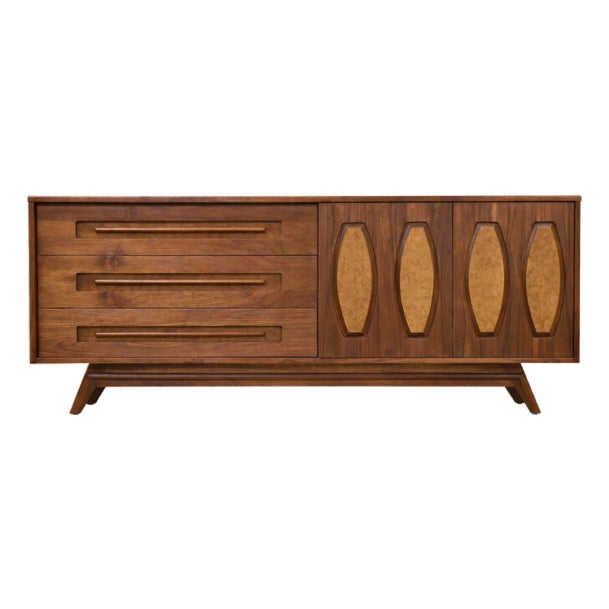 1960s Refinished Walnut and Burl Long 78” Dresser by Young Manufacturing For Sale