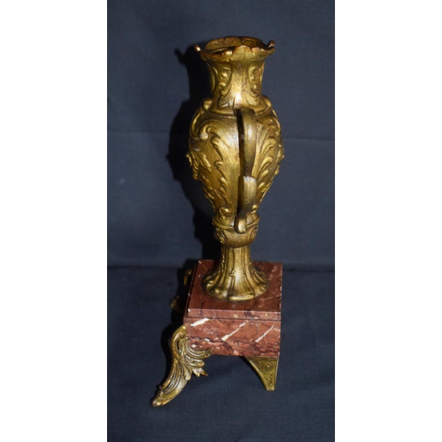 Antique French Rococo Metal Urn Vase Marble Base Mantle Garniture 19th C For Sale - Image 14 of 17