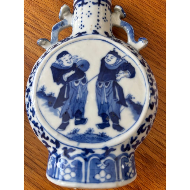 Chinese Late 19th Century Qing Dynasty Chinese Blue & White Porcelain Miniature Moon Flask Vases - Pair For Sale - Image 3 of 10