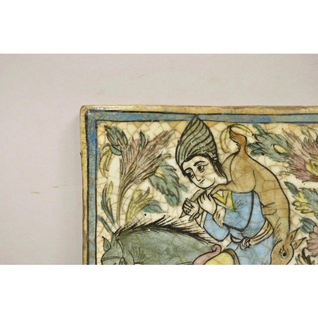 Early 20th Century Antique Persian Iznik Qajar Style Ceramic Pottery Square Tile Hunter & Horse C4 For Sale - Image 5 of 10