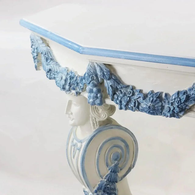 Wood A Pair of Vintage Blue and White Rococo Style Side Tables/Console Tables For Sale - Image 7 of 9