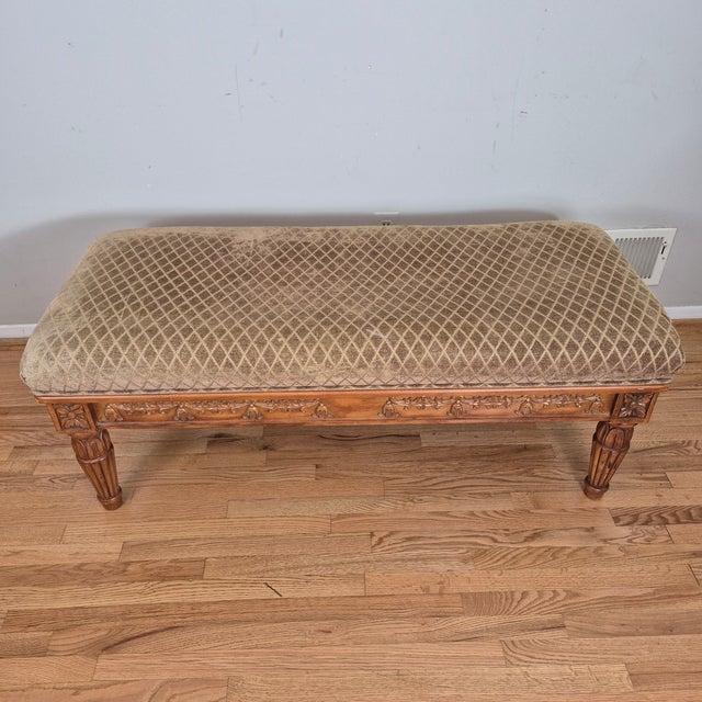 2000s Oversized French Country Style Carved Birch Upholstered Bench or Ottoman For Sale - Image 12 of 12