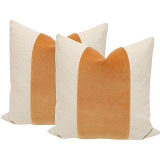 22" Hermés Orange Velvet Panel and Linen Pillows - a Pair For Sale