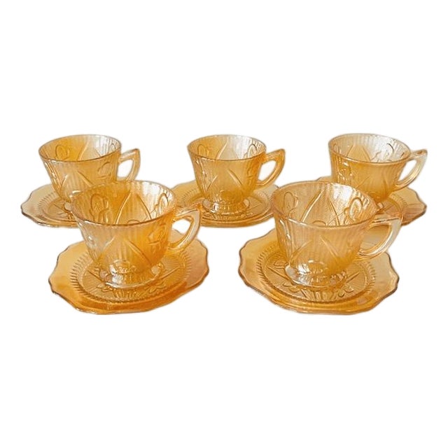 Vintage Jeanette Carnival Cup and Saucer Set in Peach Glass, 1930s, Set of 10 For Sale