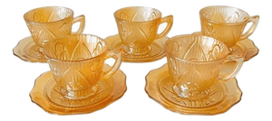 Vintage Jeanette Carnival Cup and Saucer Set in Peach Glass, 1930s, Set of 10