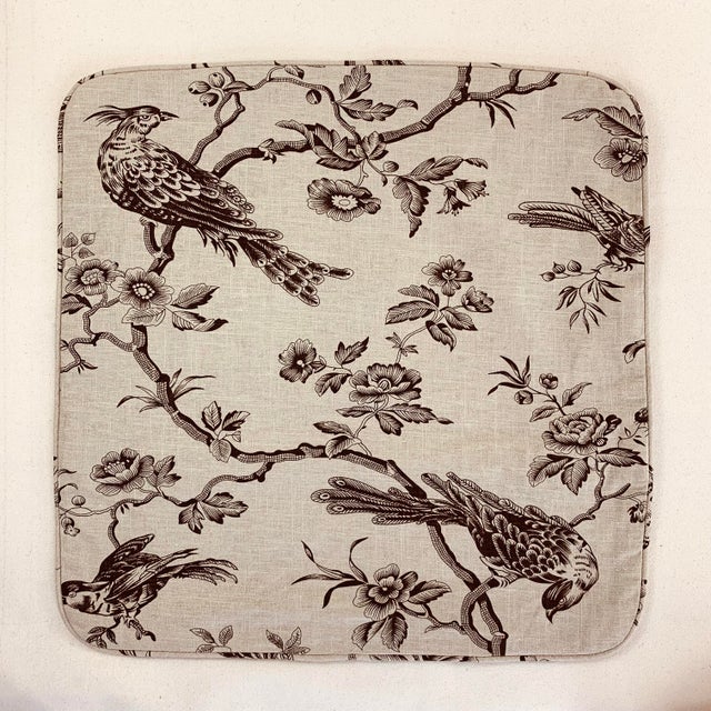 English Designer Fabricut Chocolate Brown & Tan "Amacus Bird" Botanical French Country Toile Pillow Covers- 22" Pair For Sale - Image 3 of 6