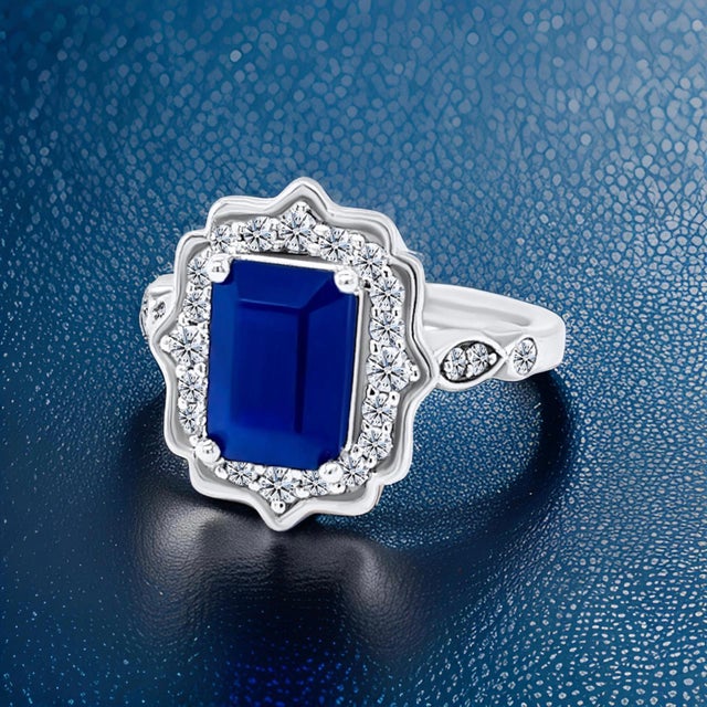 Ladies Quality Finely Faceted Composite Sapphire and Diamond Ring Size 6.5 14k White Gold 3.51 TCW Certified $2,950 300214...