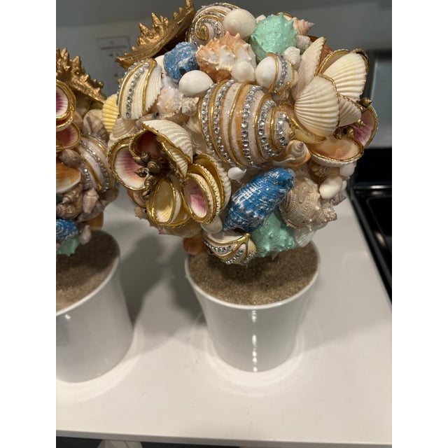 Handmade SeashellCoastal Topiaries in White Ceramic Pots - A Pair For Sale - Image 10 of 10