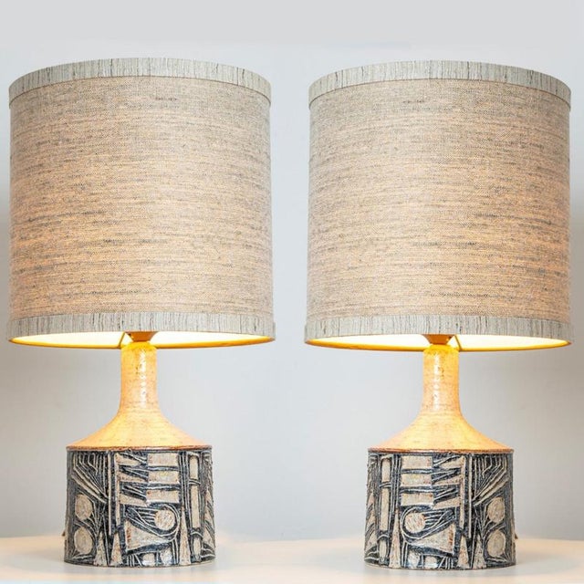 Grey Ceramic Table Lamps with Silk Shades from Soholm, Denmark, 1960s, Set of 2 For Sale - Image 4 of 14