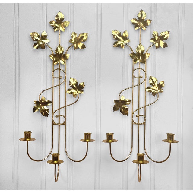 Vintage Golden Foliage Wall Hanging Candle Sconces, A Pair, c. Mid 20th Century - Pairs Nicely with Many Mid-Century &...