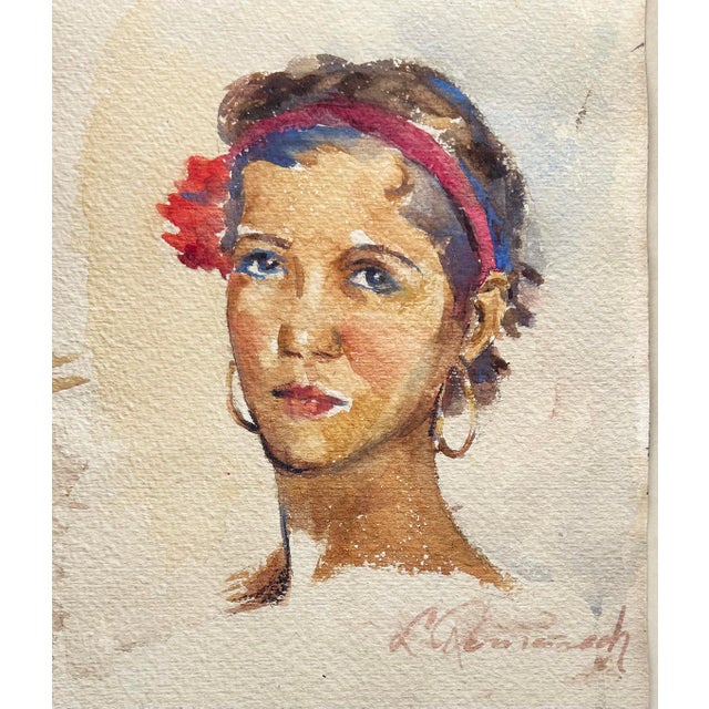 Mid 20th Century Watercolor Gouache Painting of a Portrait of a Young Woman by Leopoldo Romañach For Sale - Image 4 of 4