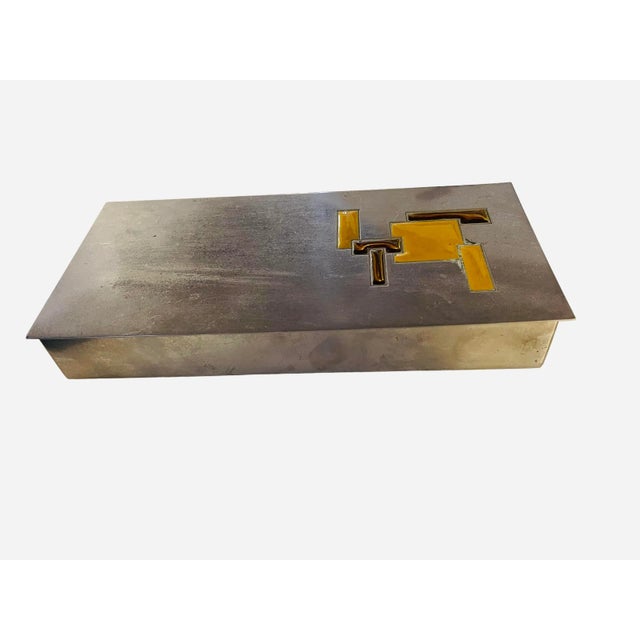 Love this box! Vintage metal with mustard yellow and honey enamel design. Interior is lined with silk.