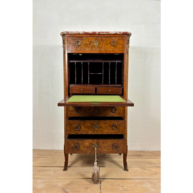 French Louis XVI Style Burl Wood Secretary Chest with Marble Top, 1930s For Sale - Image 12 of 16