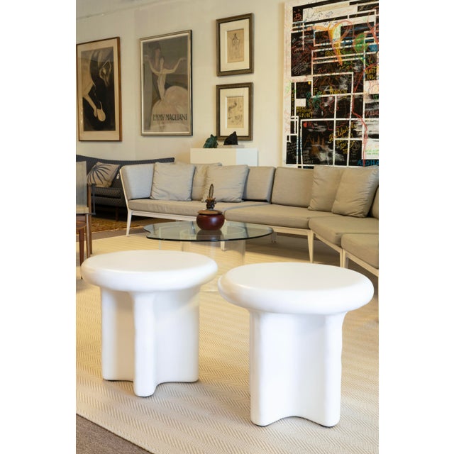 Pair of Bodene Round Ivory Cast Resin Side Tables by Vuue For Sale - Image 4 of 5