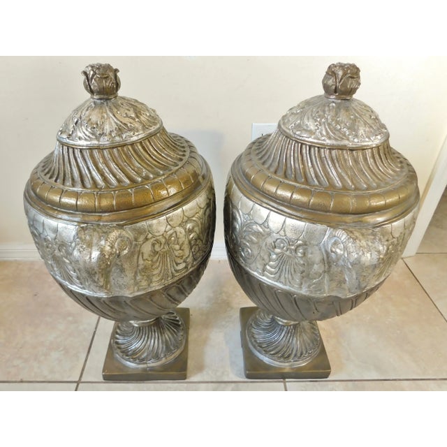 Large Pair Vintage Outdoor Hilda Flack Gold & Silver Resin Ram's Head Statue Urns For Sale - Image 12 of 12