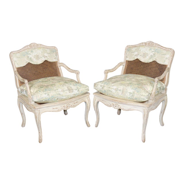 Pair Louis XV Style French Cream Distressed Painted Cane Back Armchairs For Sale