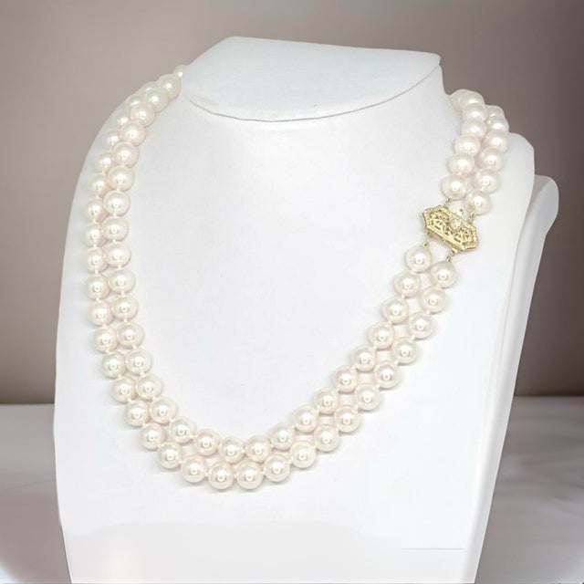 1990s Diamond Akoya Pearl Necklace 8 Mm 14k Gold 17 in 2-Strand Certified For Sale - Image 12 of 16
