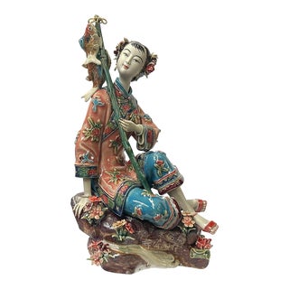 Chinese Oriental Porcelain Qing Style Dressing Fishing Lady Figure For Sale