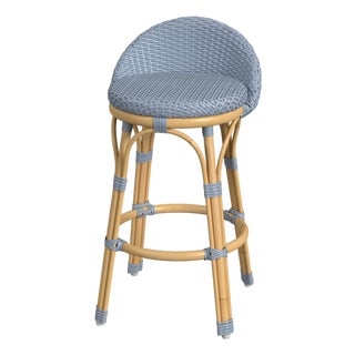 Tobias 24.5 in. Seat Height Outdoor Rattan and Metal Low Back Counter Stool, Baby Blue/ Natural Rattan Frame For Sale