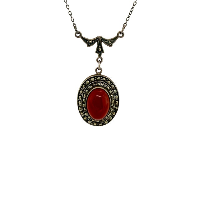 Art Deco 1940s Art Deco Sterling Silver Carnelian & Marcasite Necklace For Sale - Image 3 of 5