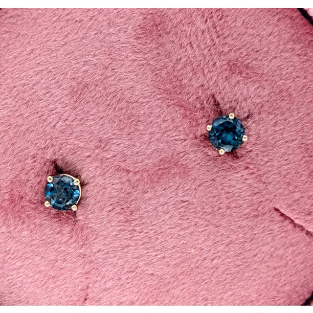 Metal London Blue Topaz Four Prong Solitaire Studs in Solid 14k Gold - 2 Pieces For Sale - Image 7 of 10