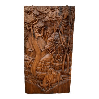 Teak Hand Carved Plaque Large 3d Wood Relief Balinese Tropical Wall Art For Sale