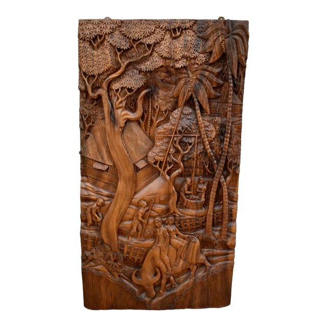 Teak Hand Carved Plaque Large 3d Wood Relief Balinese Tropical Wall Art For Sale
