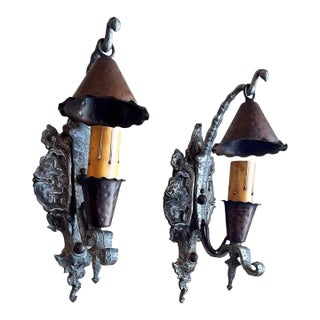 1920s Mixed Metal Tudor/Gothic Storybook Wall Sconces With Copper Smoke Bells - Pair For Sale
