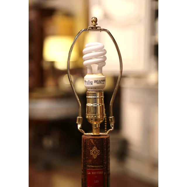 Brown Mid-Century French Leather Faux Book Table Lamp With Shade For Sale - Image 8 of 10