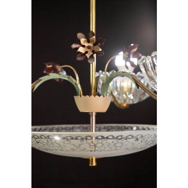 Italian Italian Midcentury Art Decò Murano Glass and Brass Chandelier, 1950s For Sale - Image 3 of 12