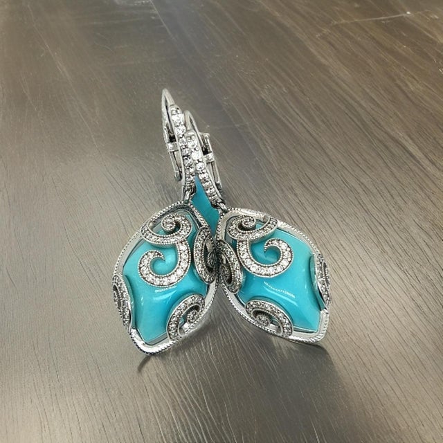 Persian Turquoise Diamond Pendant Earrings 14k WG 26.85 TCW Certified For Sale - Image 12 of 15