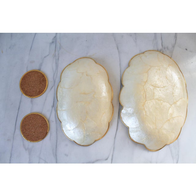 Shell Vintage Capiz Shell Trinket Trays & Coasters W/ Gold Scalloped Edges For Sale - Image 7 of 8