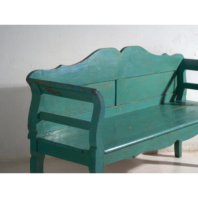 Rustic Antique Painted Bench in Pine Wood, Central Europe, 1910 For Sale - Image 3 of 11