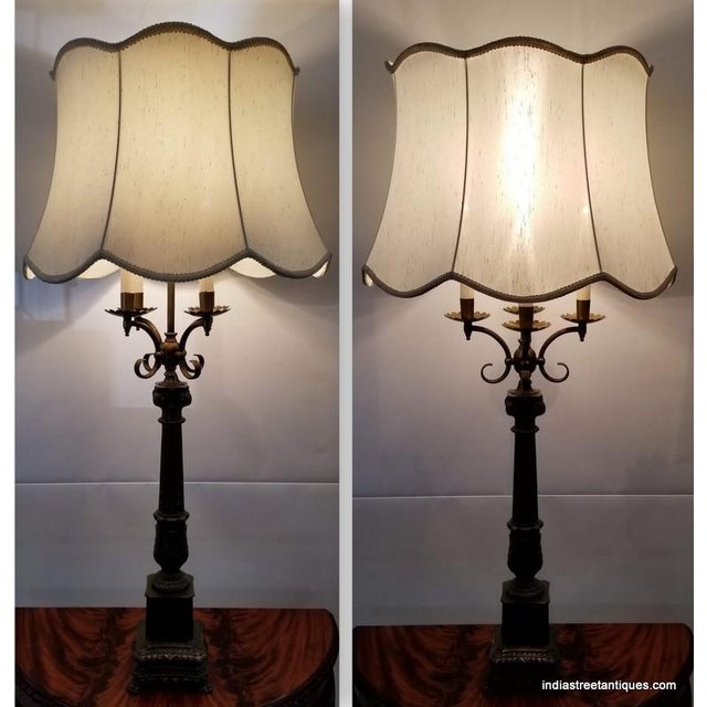 1920s French Empire Candelabra Brass Metal Tall Table Lamps a Pair