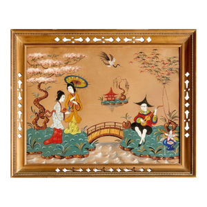 Framed Asian Scene Tempera on Board