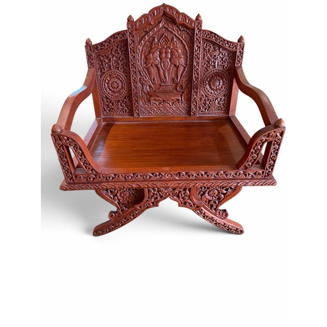 Wood Vintage Thai Hand-Carved Teak Elephant Motif Settee / Currule Chair For Sale - Image 7 of 8
