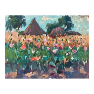 Vintage Impressionist Oil Painting: Ukrainian Village Landscape, 1960s For Sale