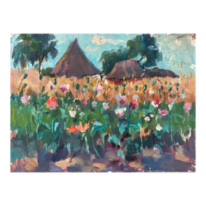 Vintage Impressionist Oil Painting: Ukrainian Village Landscape, 1960s