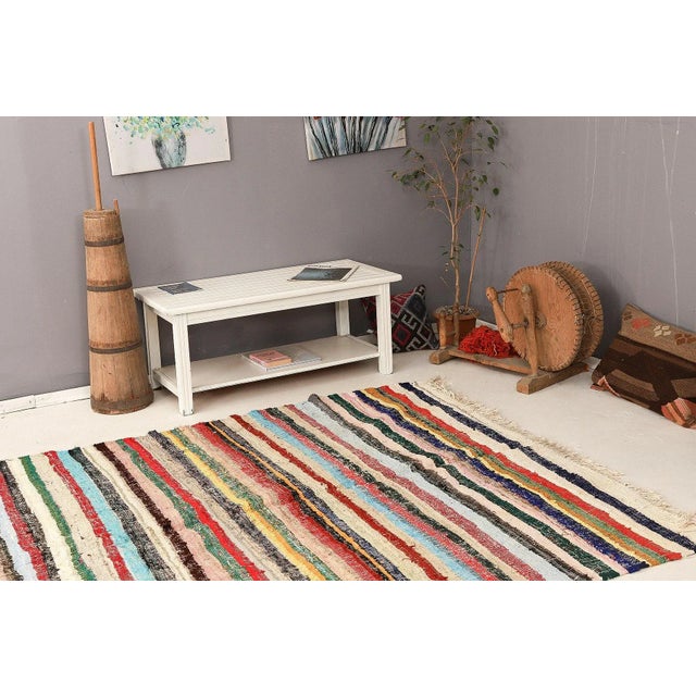 Mid 20th Century Striped Colorful Turkish Rag Rug For Sale In Los Angeles - Image 6 of 7