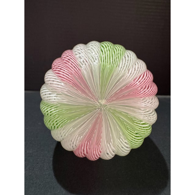 Vintage Murano Venetian Art Glass Zanfirico Latticino Egg Pink Green Paperweight For Sale - Image 4 of 5