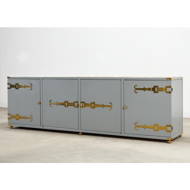 Mid-Century Modern Tommi Parzinger Lacquer Marble Top Sideboard Credenza 10 Ft For Sale - Image 3 of 18