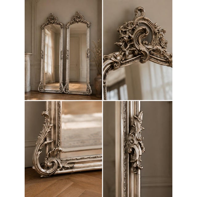 Late 20c Rococo Silver Wood Floor Mirrors by Artisans - Pair- 2 Pc For Sale - Image 4 of 18