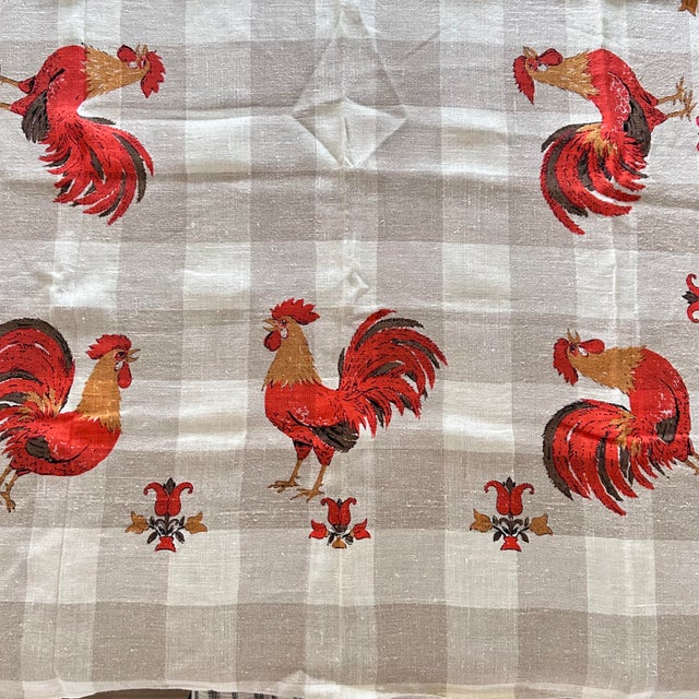Taupe Vintage Rooster French Provincial Cream & Taupe Check Linen Tablecloth For Sale - Image 8 of 10