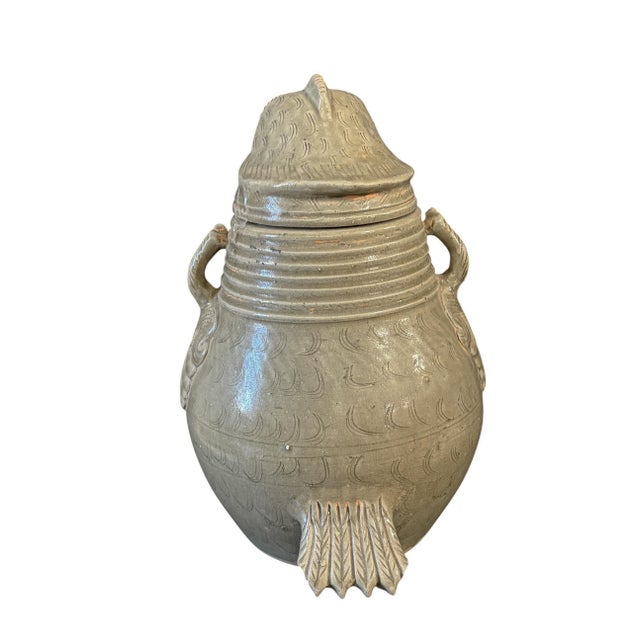 Vintage Chinoiserie Song Style Celadon-Glazed Ceramic Owl-Shaped Jar With a Lid 11.5" H For Sale - Image 9 of 10