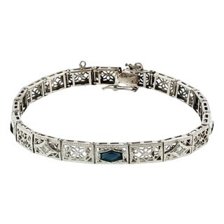 1930's 14k White Gold Synthetic Sapphire and Diamond Filigree Bracelet For Sale