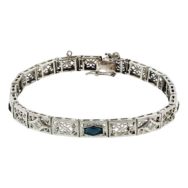 1930's 14k White Gold Synthetic Sapphire and Diamond Filigree Bracelet For Sale