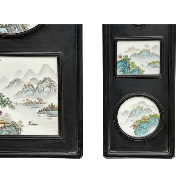 Discover an exquisite set of antique Chinese porcelain panels, featuring stunning hand-painted landscapes with misty...