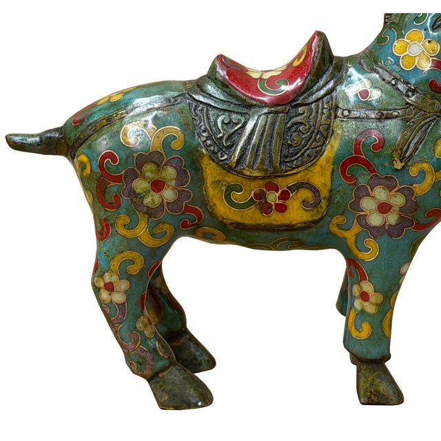 Vintage Chinese Turquoise Blue Flower Cloisonné Enamel Horse Statue For Sale - Image 10 of 12